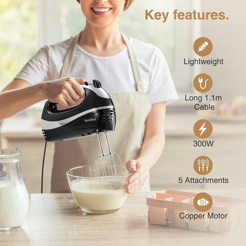VonShef Hand Mixer Electric Whisk 300W – 5 Speed Food Mixer with Turbo Boost – Black