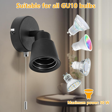 Black Wall Lights with Pull Cord Switch GU10 - Modern Pull Cord Light Switch 350° Rotatable - Indoor Wall Sconce Lights for Bedroom Bedside Living Room Kitchen