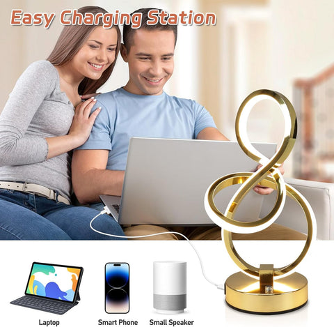 Modern LED Table Lamp with USB Ports, 3 Color Temperatures, Touch Control Stepless Dimmable Bedside Nightstand Lamp (Gold)