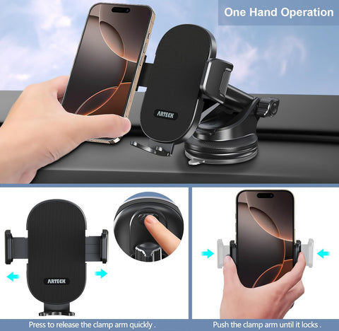 Arteck Black Universal 360° Car Phone Mount for Dashboard & Windshield