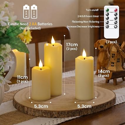 8 Pack Flameless LED Candles with Remote – Ivory Flickering Teardrop Wick Pillar Candles with Timer