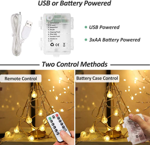 Zorela Globe Fairy Lights 15M/49ft 100 LED Warm White String Lights with Remote – USB or Battery Powered, 8 Lighting Modes, Timer, IP44 Indoor & Outdoor Decorative Lights