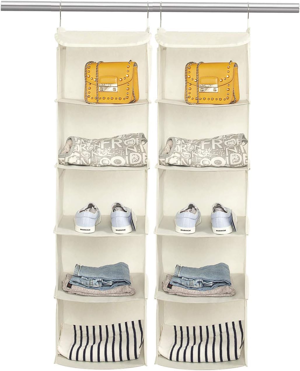 BrilliantJo 2-Pack Hanging Wardrobe Organiser, 5 Shelves with 6 Side Pockets, Beige