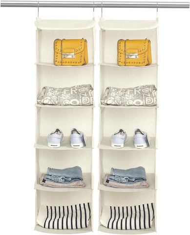 BrilliantJo 2-Pack Hanging Wardrobe Organiser, 5 Shelves with 6 Side Pockets, Beige
