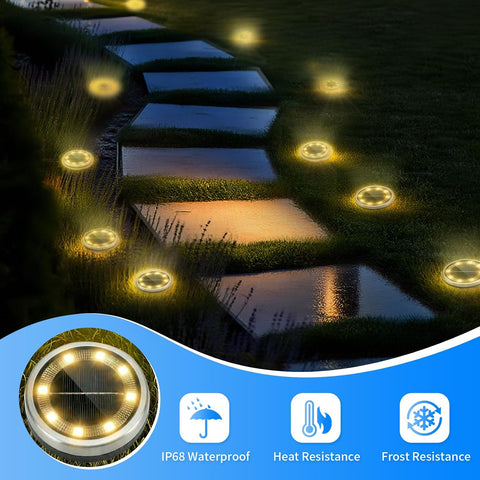 Jsdoin 6PCS Solar Floor Lights Outdoor, 8 LED Lights Waterproof Outdoor Light, IP68 Garden Light Stainless Steel Solar Lamp for Walkway, Terrace, Outdoor, Lawn, Entrance (Warm)