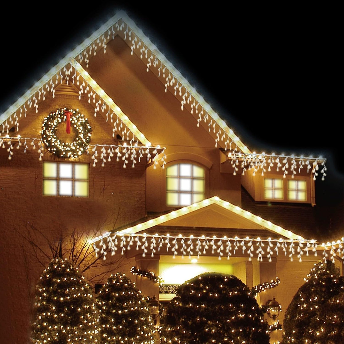 AMOS Christmas Icicle Lights – 1200 LED Warm White Outdoor Christmas Lights with Timer & Memory Function, 35.9m Length, Energy Class A - Turn Your Home Into a Warm Winter Welcome