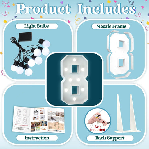 3FT Light Up Numbers Birthday Decoration Large Marquee Numbers 8 for 18th 80th Birthday Party Decor Wedding, Big Number Frame Foam Cardboard Mosaic Arch Stand Pre-cut Numbers