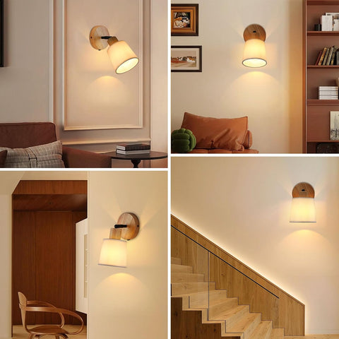 Wood Vintage Wall Light with Switch E27 Fabric Shade
