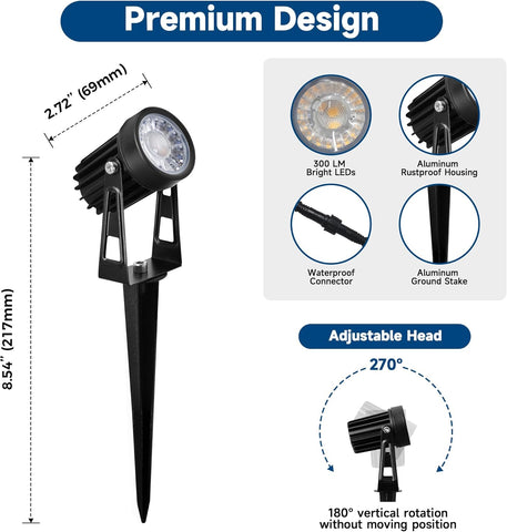 MALORY Garden Lights Mains Powered, 16.5M, 6-in-1 Outdoor LED Spotlight with Transformer, 2700K Warm White, IP65 Waterproof Garden Spike Lights Pathway Lighting for Lawn, Yard, Driveway