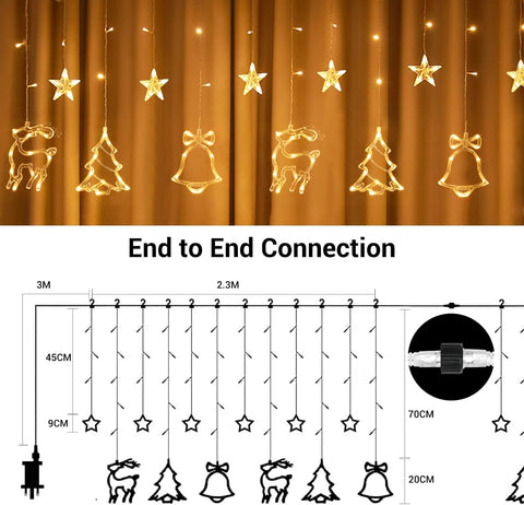 GlobaLink Christmas Curtain Fairy Lights – 138 Warm White LED Stars, Reindeer & Tree Decorations with 8 Flash Modes - Bring a Little Christmas Magic to Every Window