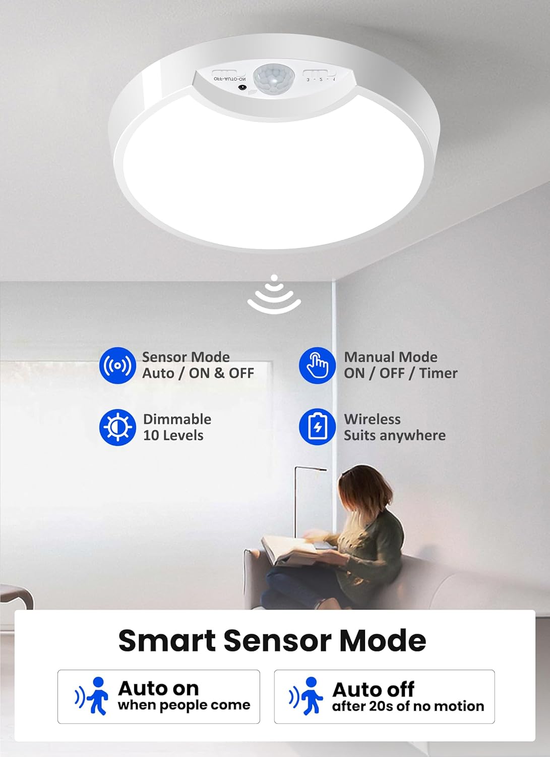 Ceiling light with smart sensor mode features and a person reading below.