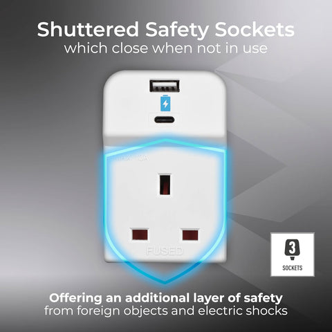 Three Socket Fused Wall Plug Adaptor with USB A & C Ports