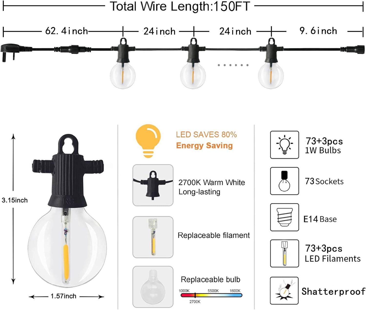 Festoon Lights Outdoor 45M, Outdoor String Lights Mains Powered with 73+3 Plastic Shatterproof Bulbs(3 Spare), Waterproof IP65 Garden Lights for Backyard Outside Patio Pergola Party Wedding
