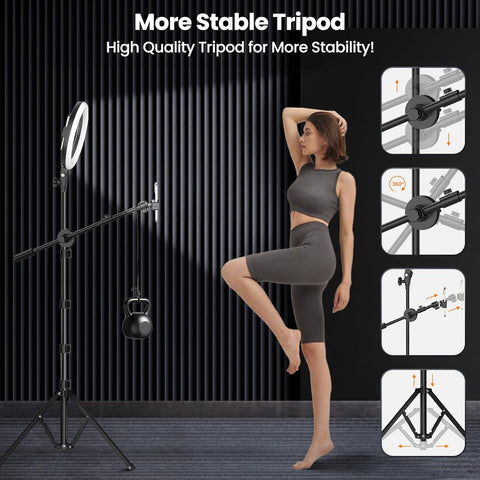 10.5Inch  Ring Light with Tripod Stand in UK - Bluetooth Control, 360° Rotatable, 3 Lighting Modes with 2 Shooting Positions, Overhead Tripod for Video Recording, Live Streaming, Makeup