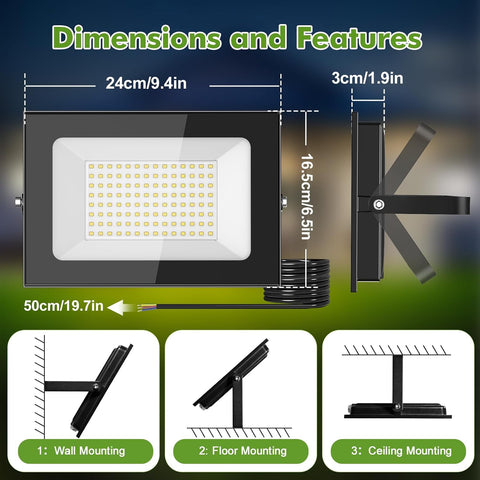 LED flood light with dimensions and mounting options displayed on a dark background