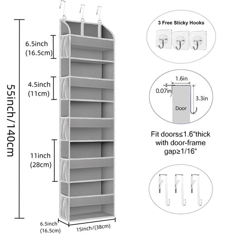 TAHAVICE Over The Door Storage Organiser, 5 Clear Window Pockets and 10 Mesh Side Pockets, Grey – Turn Unused Door Space into Smart Storage