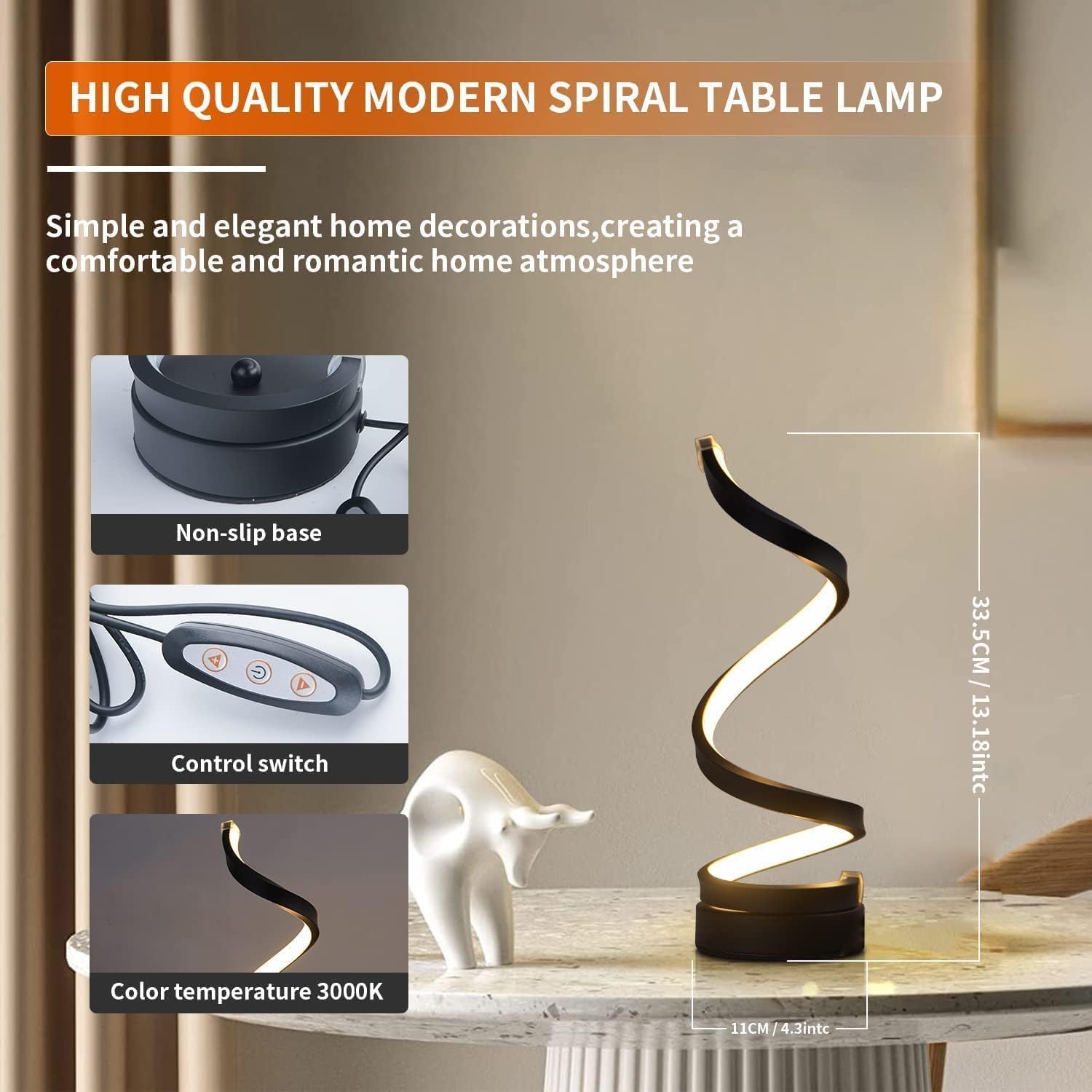 Modern spiral table lamp with features highlighted on a neutral background