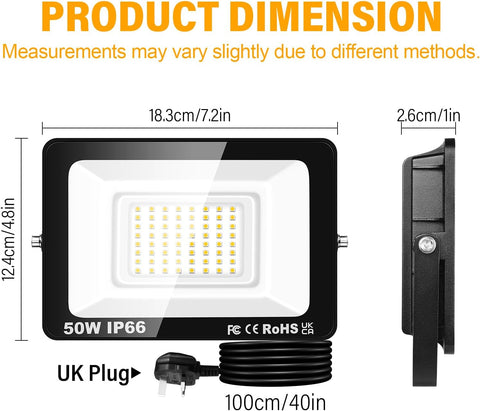 50W LED Flood Light, IP66 Waterproof Super Bright 5000LM Security Light, 3000K Warm White Outdoor Wall Light for Garden Yard Garage Patio Warehouse with UK Plug