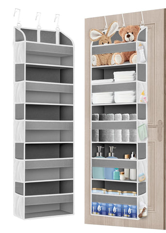 TAHAVICE Over The Door Storage Organiser, 5 Clear Window Pockets and 10 Mesh Side Pockets, Grey – Turn Unused Door Space into Smart Storage