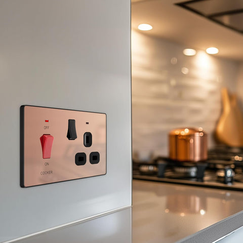 BG Electrical Cooker Switch with Socket and LED, Cooker Control Unit, Control Socket, Double Pole, Screwless Front Plate, Evolve, Polished Copper, 45A, PCDCP70B