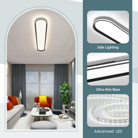 Modern living room with a ceiling light fixture, side lighting diagram, ultra-thin base diagram, and advanced LED diagram.