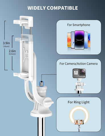 71" White Phone Selfie Stick Tripod with Remote for iPhone & Android
