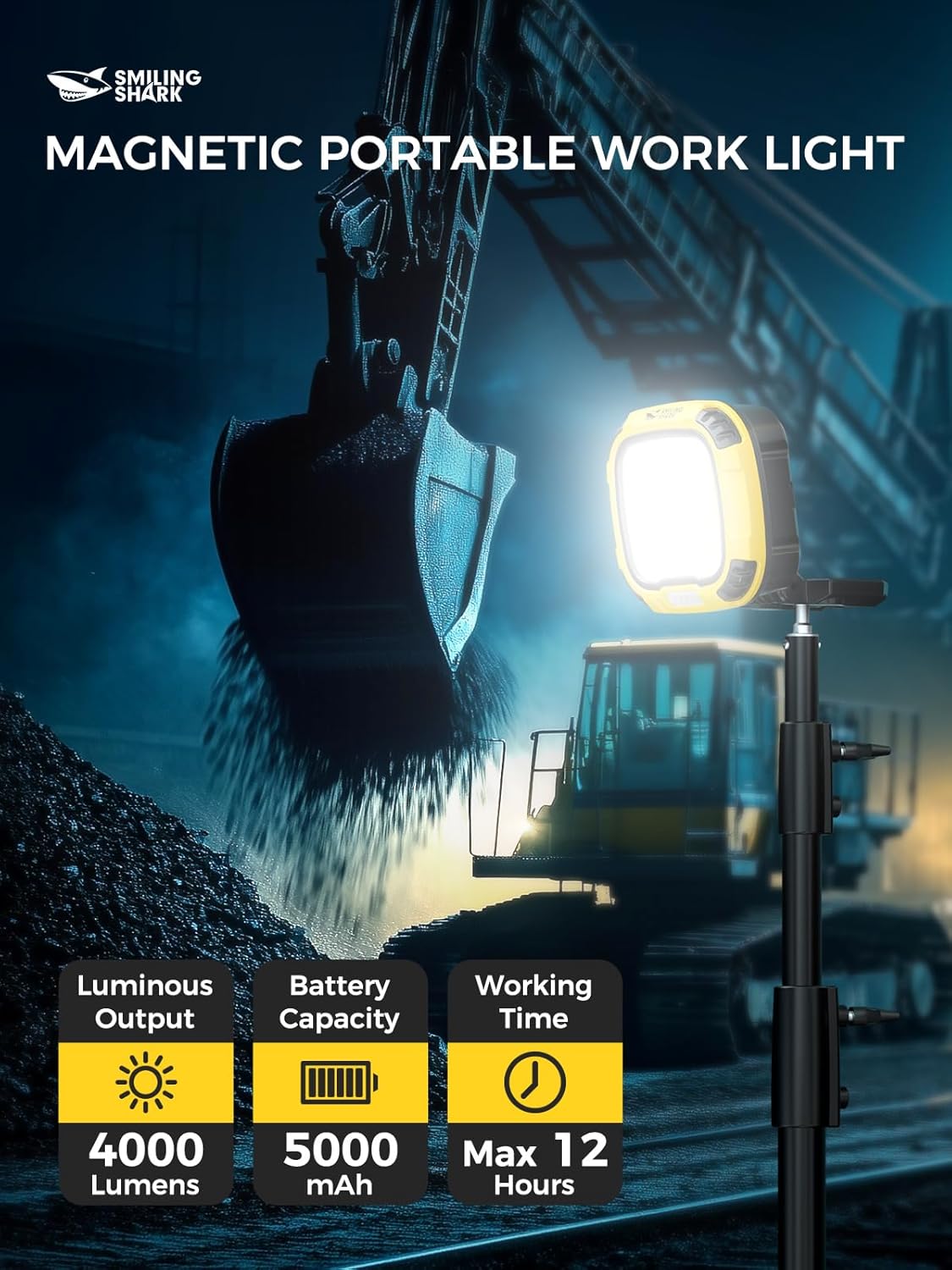 Magnetic portable work light being used on a construction site with excavator and truck.