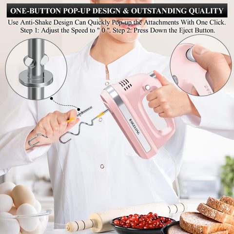 300W Hand Electric Mixer – 5 Speeds + Turbo, 5 Stainless Steel Attachments, Pink, Ultra Power Kitchen Baking Blender