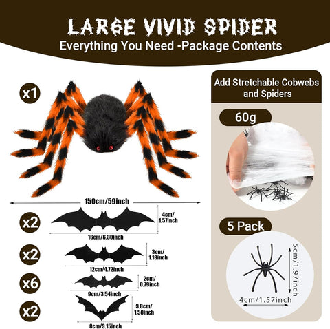 AMLOOPH Giant Spider Halloween Decorations 150cm Orange & Black – Realistic Furry Spider with Cobweb, Mini Spiders & 3D Bats for Indoor & Outdoor Halloween Displays