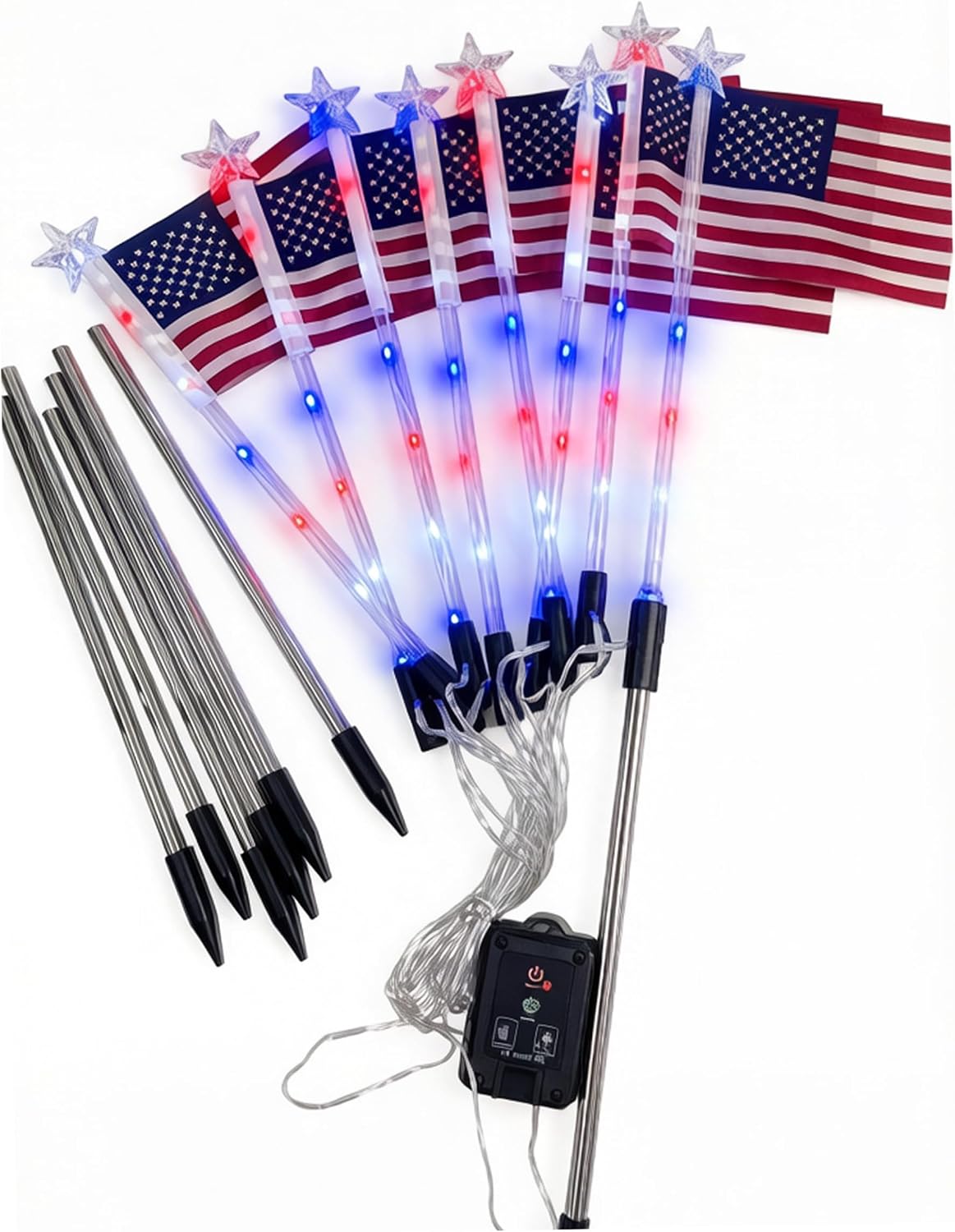 4th Of July Decorations Outdoor, Red White And Blue Solar Lights Outdoor 8 Flag 4th Of July Decorations Led Star Stake Lights, Patriotic Yard Decor, Red White and Blue Solar