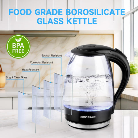 Glass Electric Kettle 1.7L, 2200W Fast Boil, LED Light, Auto Shut-Off