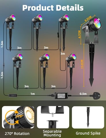 6Pack LED Garden Spike Lights Mains Powered, 24V RGB + Warm White