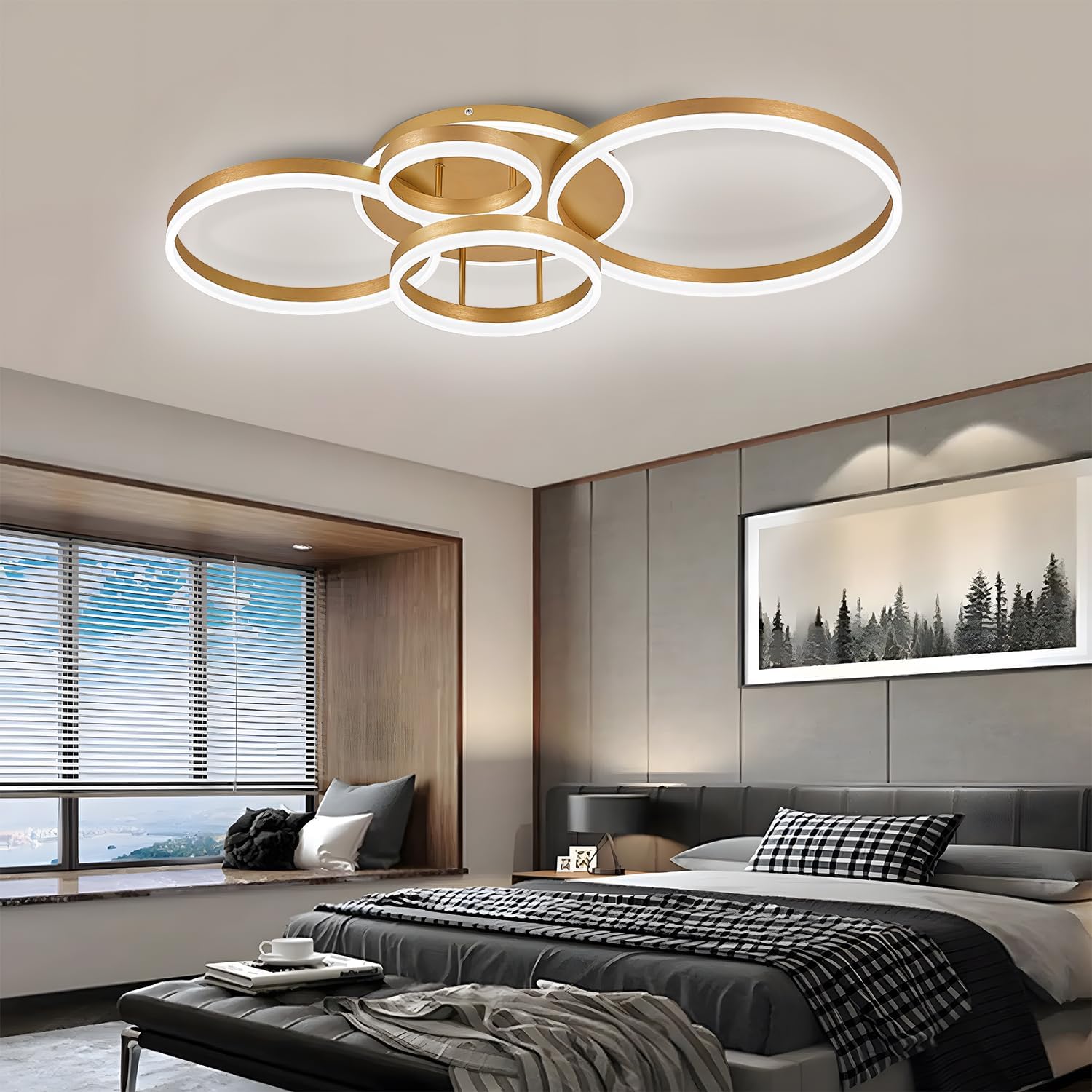 Modern bedroom with a ceiling light fixture, bed, and window view.