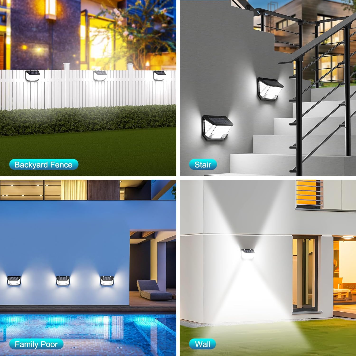 Collage of outdoor lighting fixtures in various settings including a backyard, stairwell, pool area, and walkway.