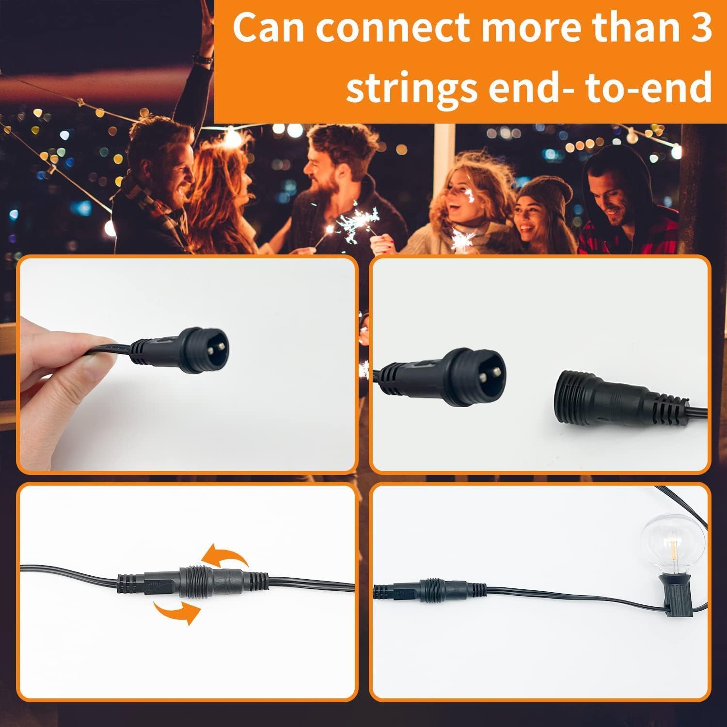 Product demonstration of string light connectors with people enjoying lights in the background