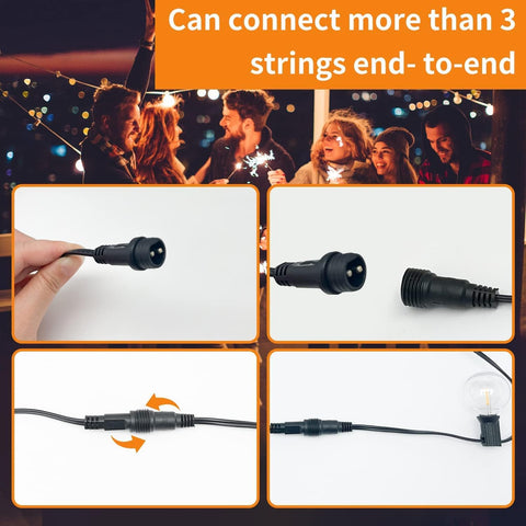 Product demonstration of string light connectors with people enjoying lights in the background