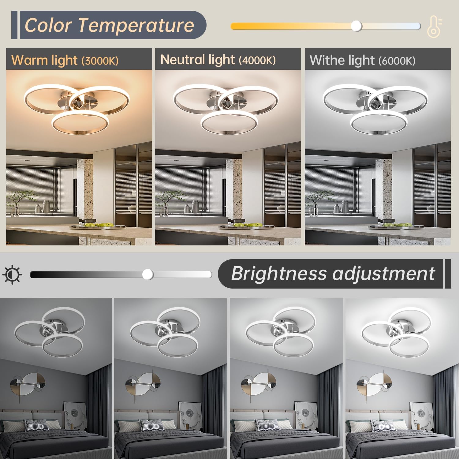 Ceiling light fixture with color temperature and brightness adjustment options shown in different settings.