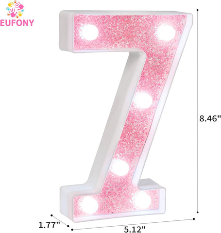 Pink Marquee Light Up Numbers, Glitter LED Number Lights Battery Powered for Girls 7th 17th Birthday Party Table Decorations, Wall Decor for Girls Room, Pink Number 7 Sign w/Cool White Lights