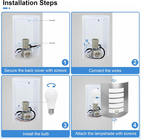 Step-by-step installation guide for a light fixture with labeled steps.