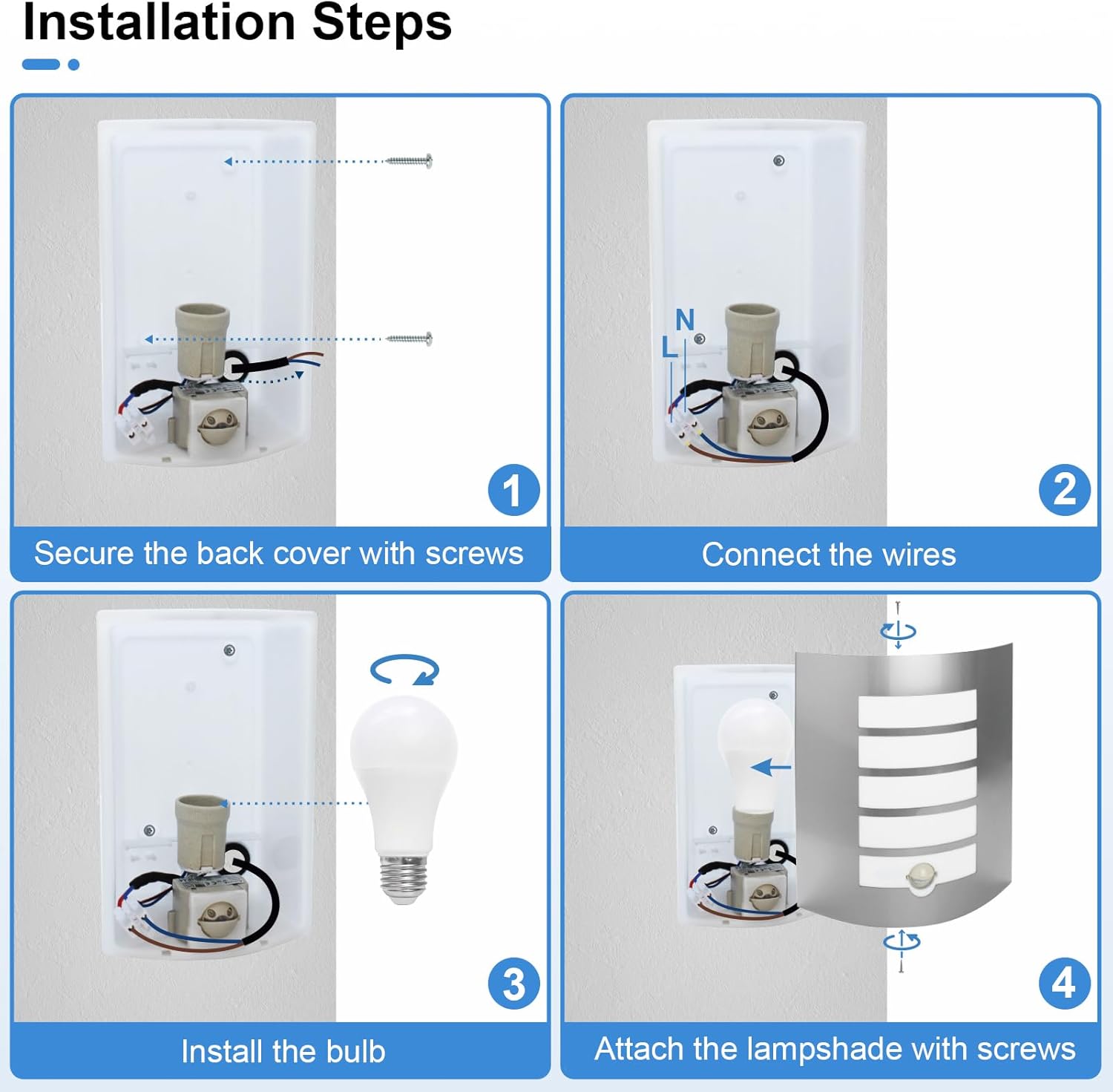 Step-by-step installation guide for a light fixture with labeled steps.