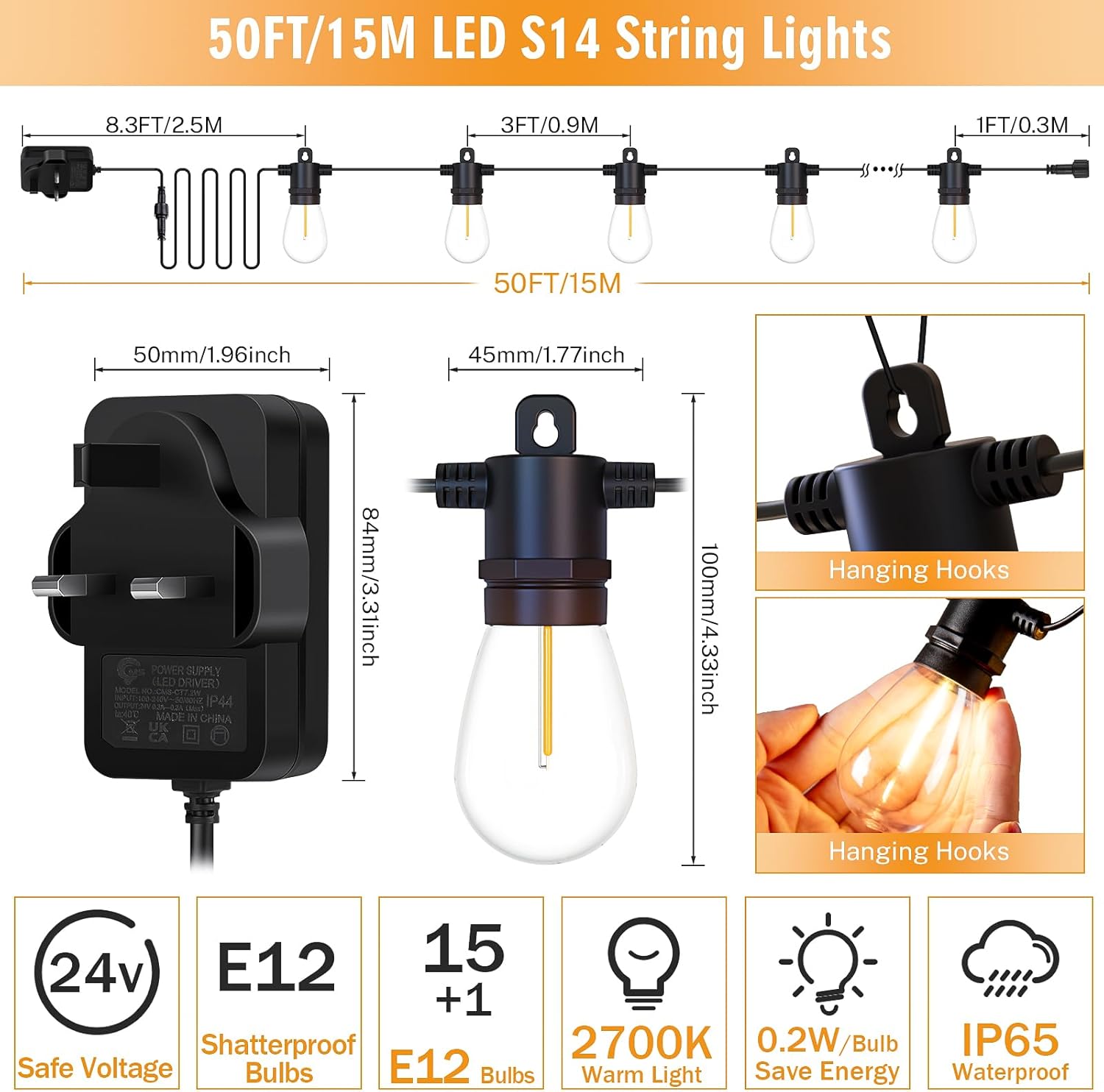 Festoon Lights Mains Powered Outdoor - 150FT/45M S14 String Lights 45+2 Shatterproof LED Bulbs, Dimmable with Remote Control, Waterproof Garden Lights for Patio Gazebo Pergola Porch Wedding Party - thelights4u.com