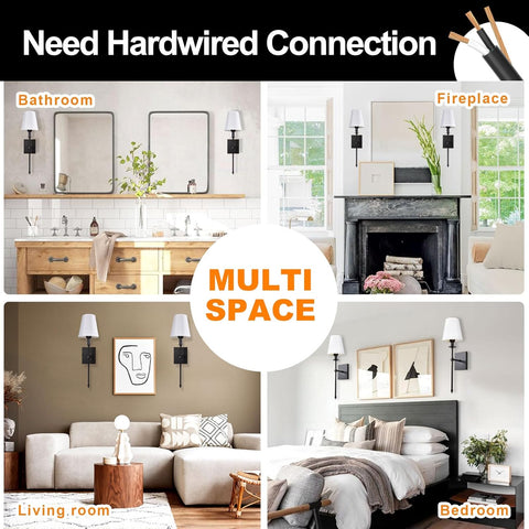 Hardwired Wall Light Set of 2 Black Wall Sconces with Fabric Shade, Vintage Farmhouse Lighting for Bathroom Living Room Bedroom Dining Hallway (E27, 230V)