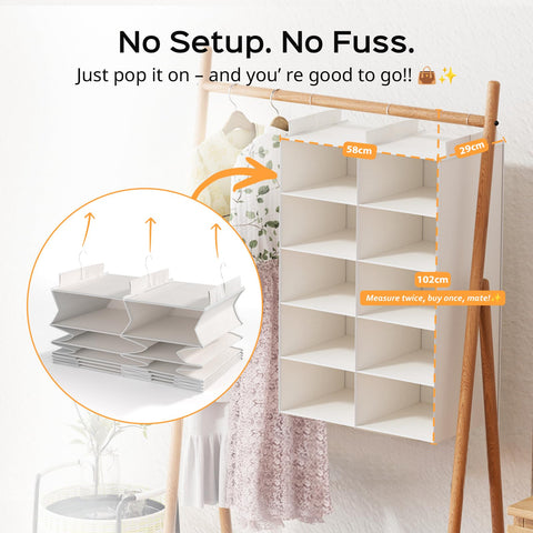 ALLTIDYUP 5-Tier Dual-Row Hanging Wardrobe Organiser, Grey – Foldable Storage Shelves for Clothes, Shoes & Bags