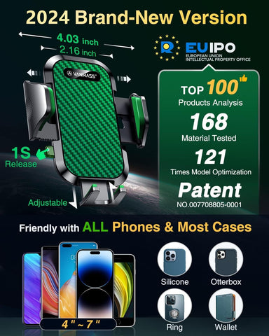 VANMASS 2025 Best Car Phone Holder Green – Rotatable Suction & Clip