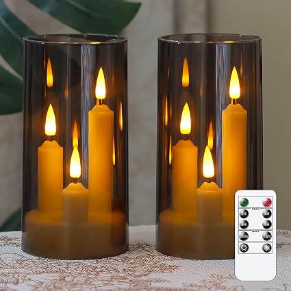 3 in 1 Flameless Taper Short Candles with 10 Key Remote Control and Timer, Battery Operated Pack of 2 LED Acrylic 7.5cm x15cm Ivory Pillar Flickering Warm Light