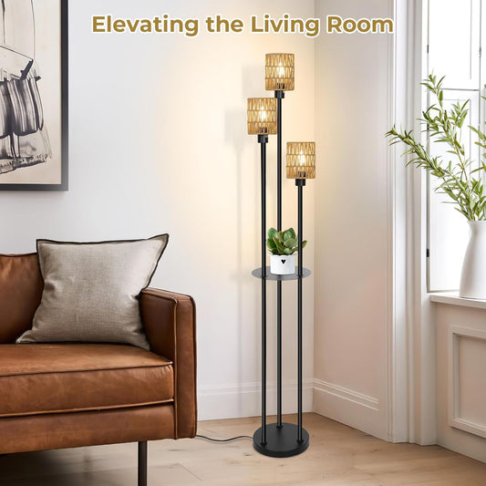 Floor Lamps for Living Room,Boho Metal Black Floor Lamp with Shelves,Rattan Floor lamp with 3 Color Temperatures&Foot Switch,FarmhouseTall Pole Standing Lamps for Living Room Bedroom Office