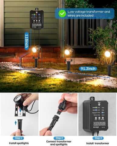 HIBOITEC Dimmable Garden Lights with Transformer ＆ Photocell Sensor, 68FT Waterproof Outdoor Lights Mains Powered，Transformer Garden Spotlights for House Yard Trees Plants(Warm White, 8 Pack)