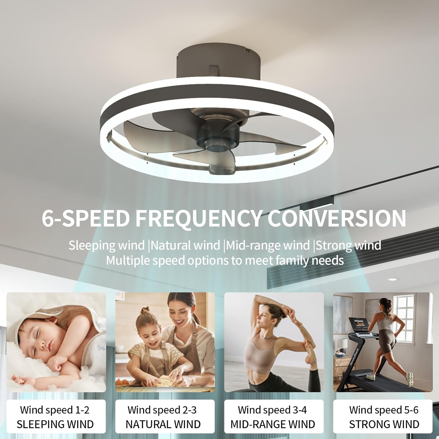 Ceiling fan with speed settings displayed on a white background