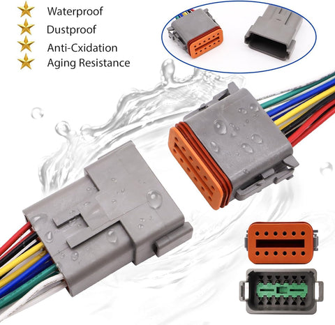 HISports 12-Pin DT Connector Kit, Waterproof DT Electrical Wire Connector 12 Pin Way Sealed Gray Male and Female Auto Waterproof Electrical Wire Connector Plug, for Motorcycle, Scooter, Car, Boats