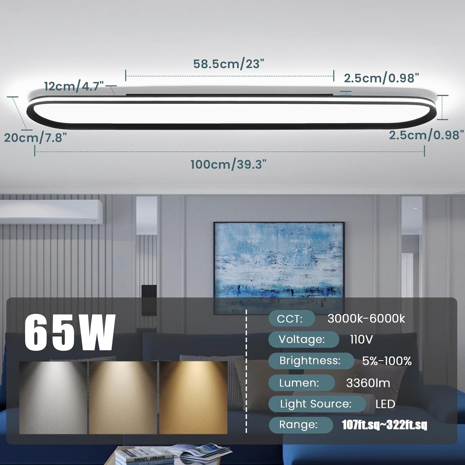 LED light strip with dimensions and specifications displayed over a blurred room background.